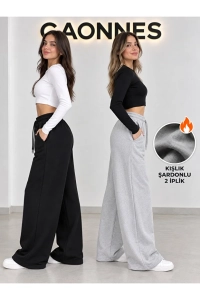 Kışlık Şardonlu Kadın 2'li Eşofman Altı (Siyah-Gri) Oversize Rahat Kalıp Geniş Paça Yıkamalı Tüylenme Yapmaz